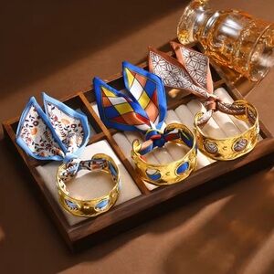 Retro Cuff 18K Gold Stainless Steel Silk Blue Scarf Bracelet